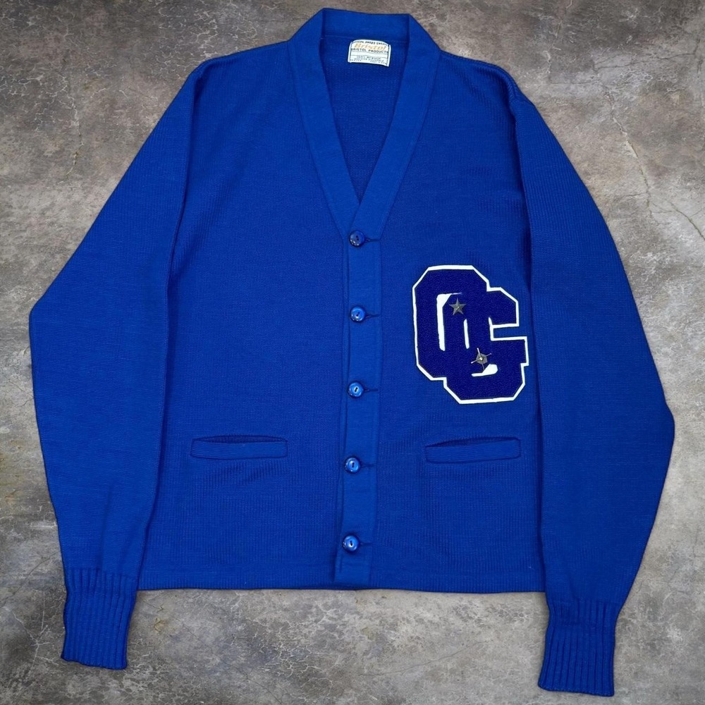 Vintage Bristol Blue Letterman Knit Cardigan Adult 44 Made In USA Preppy 80s VTG